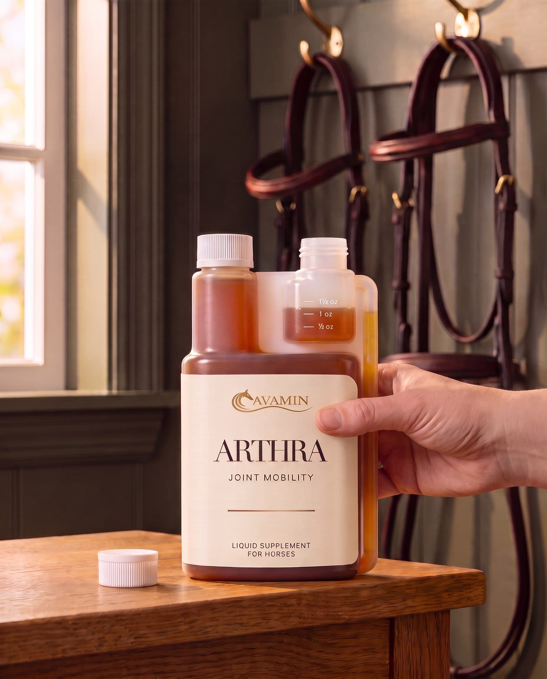 A hand pressing the Arthra bottle