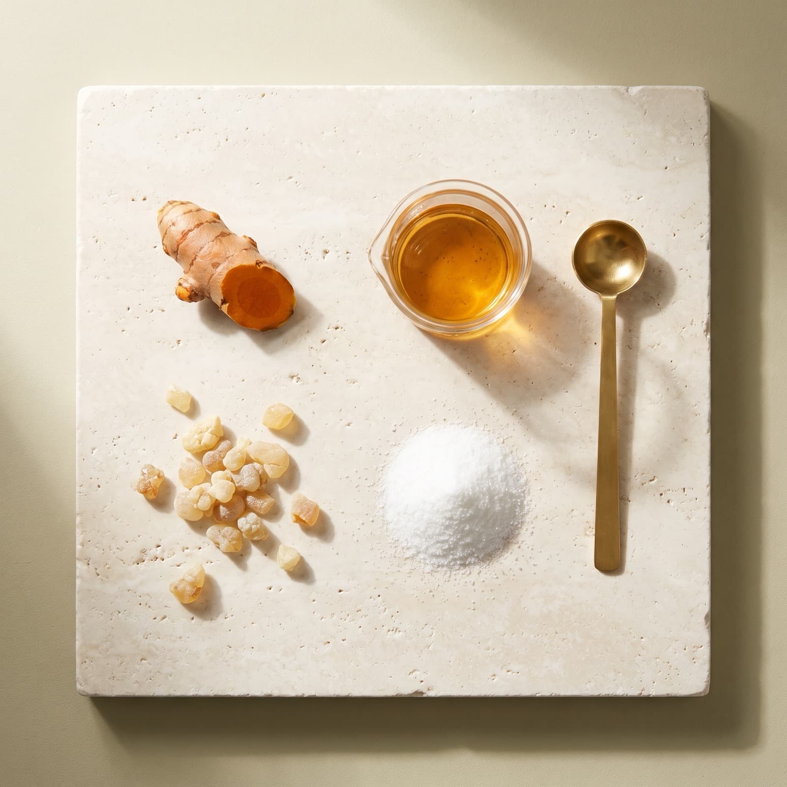 Turmeric root, boswellia resin, MSM and a bowl of amber liquid on travertine