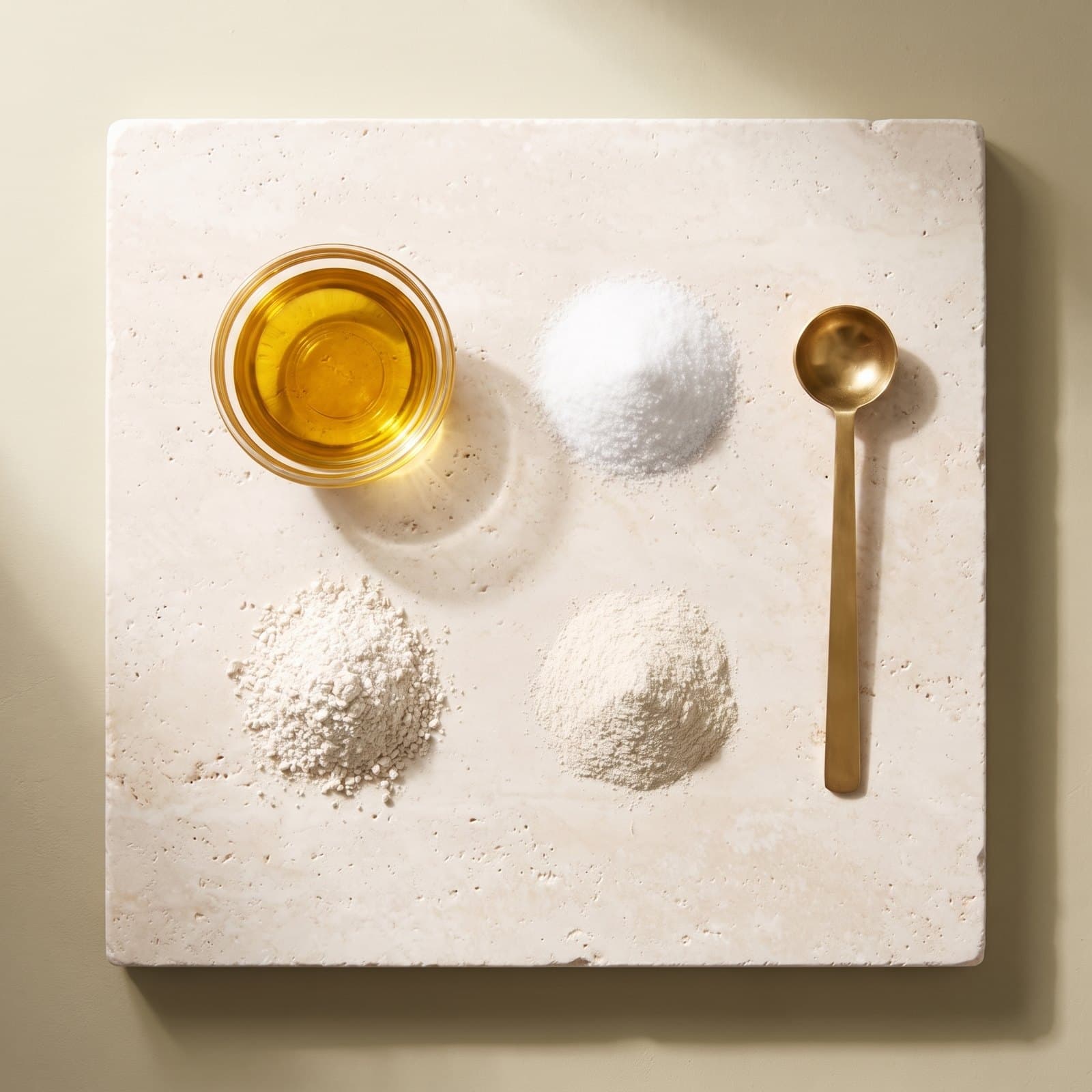 Golden fish oil, MSM crystals and mineral powder on travertine