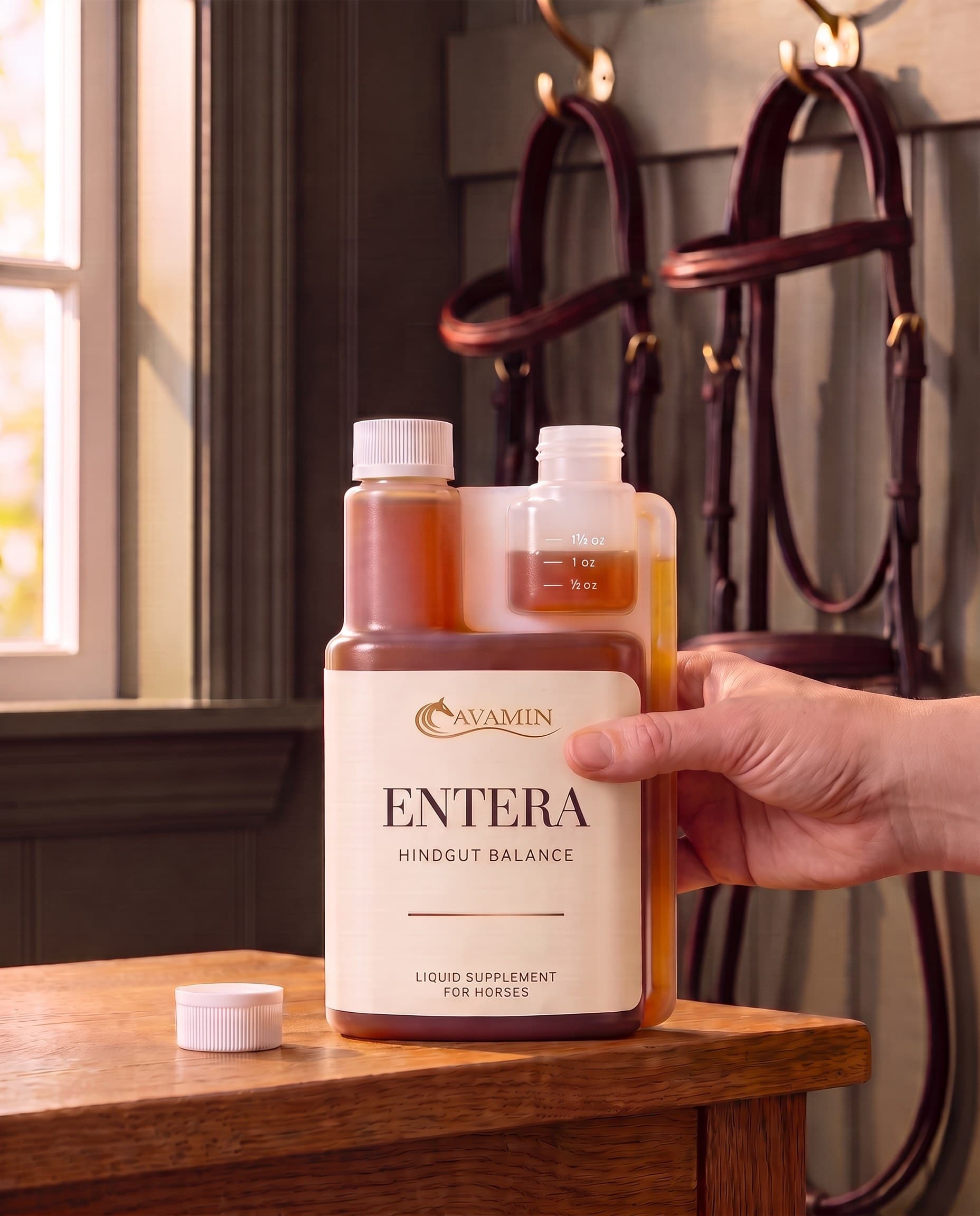 A hand pressing the Entera bottle