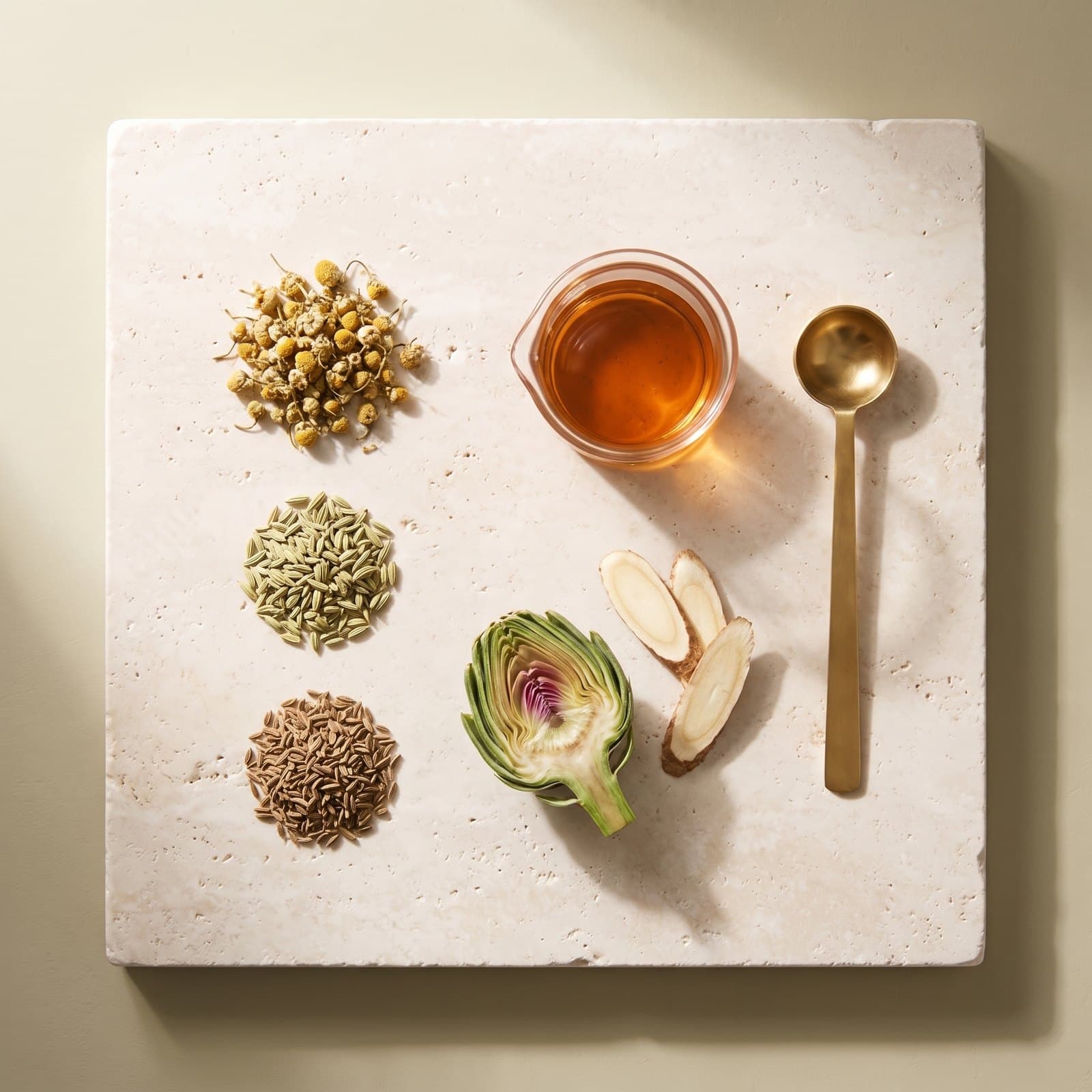 Chamomile flowers, fennel seeds, aniseed, artichoke and chicory root on travertine