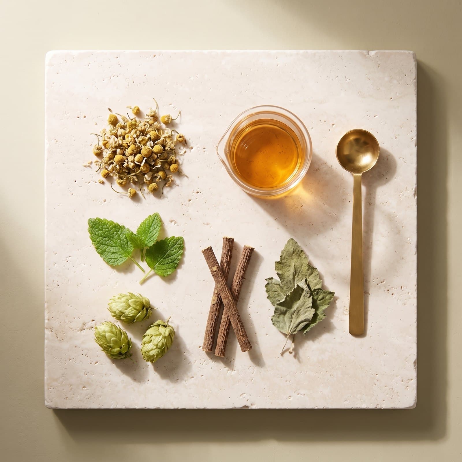 Chamomile flowers, lemon balm, hop cones, licorice root and marshmallow leaves on travertine