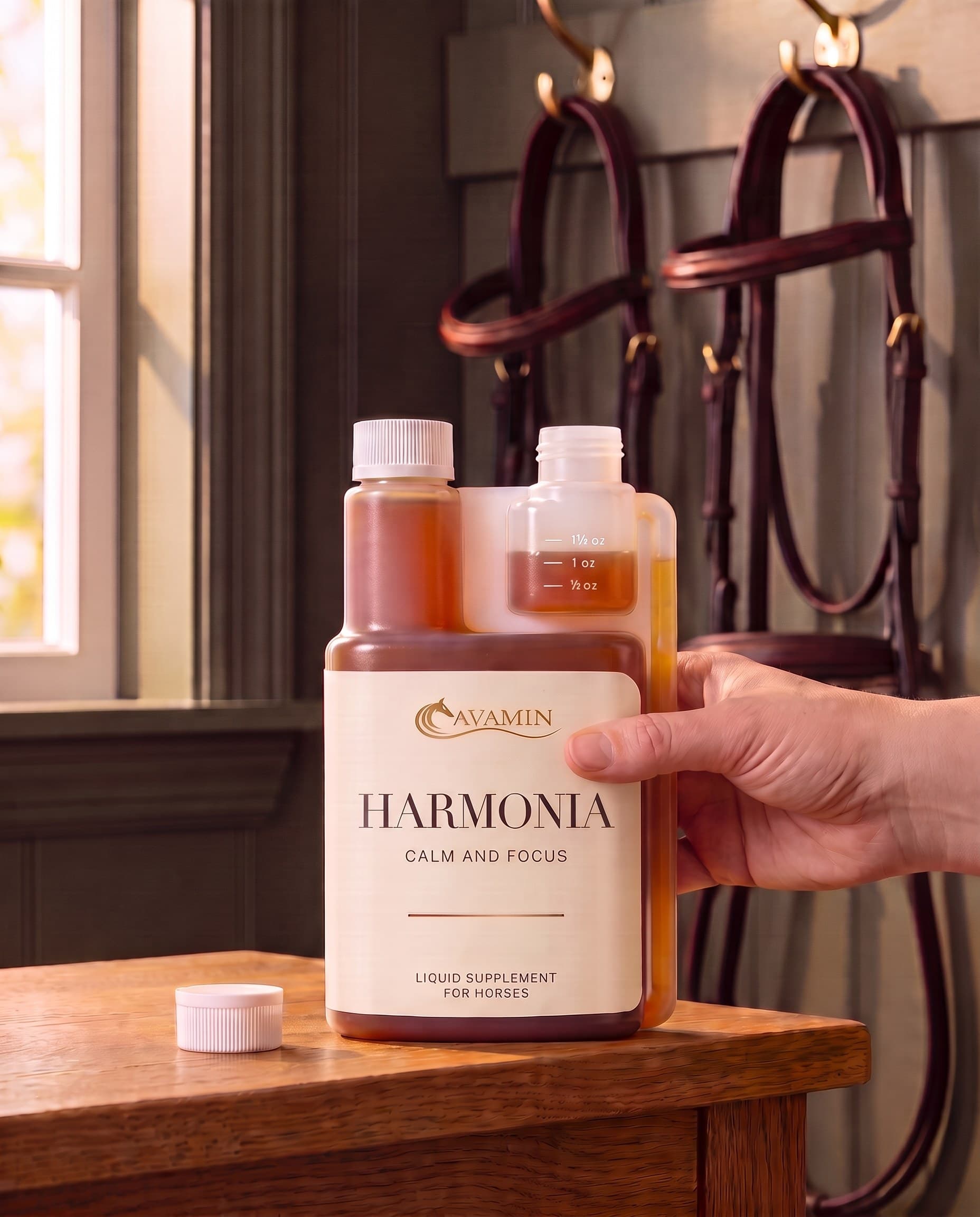 A hand pressing the Harmonia bottle