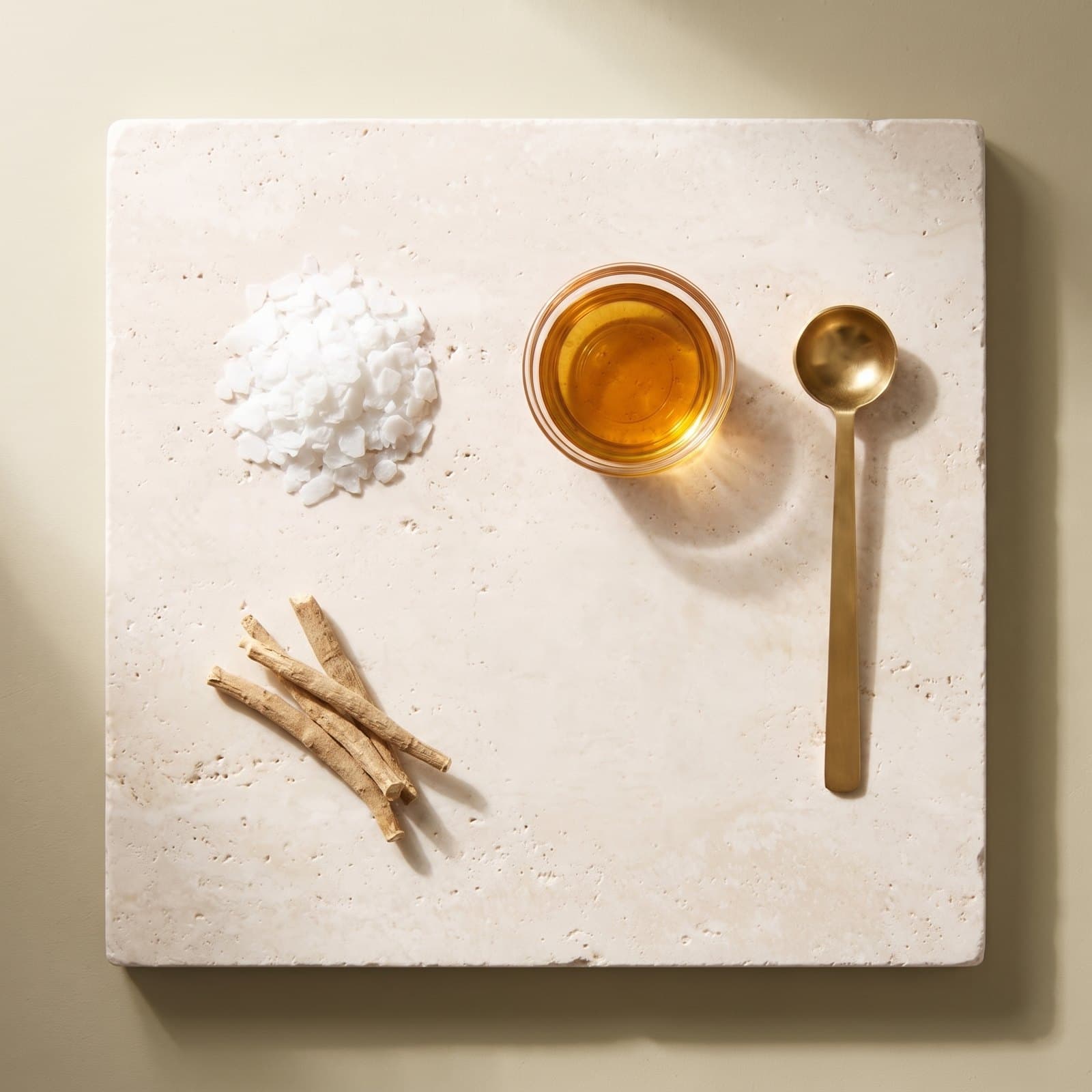 Magnesium flakes, dried ashwagandha root and a bowl of amber liquid on travertine
