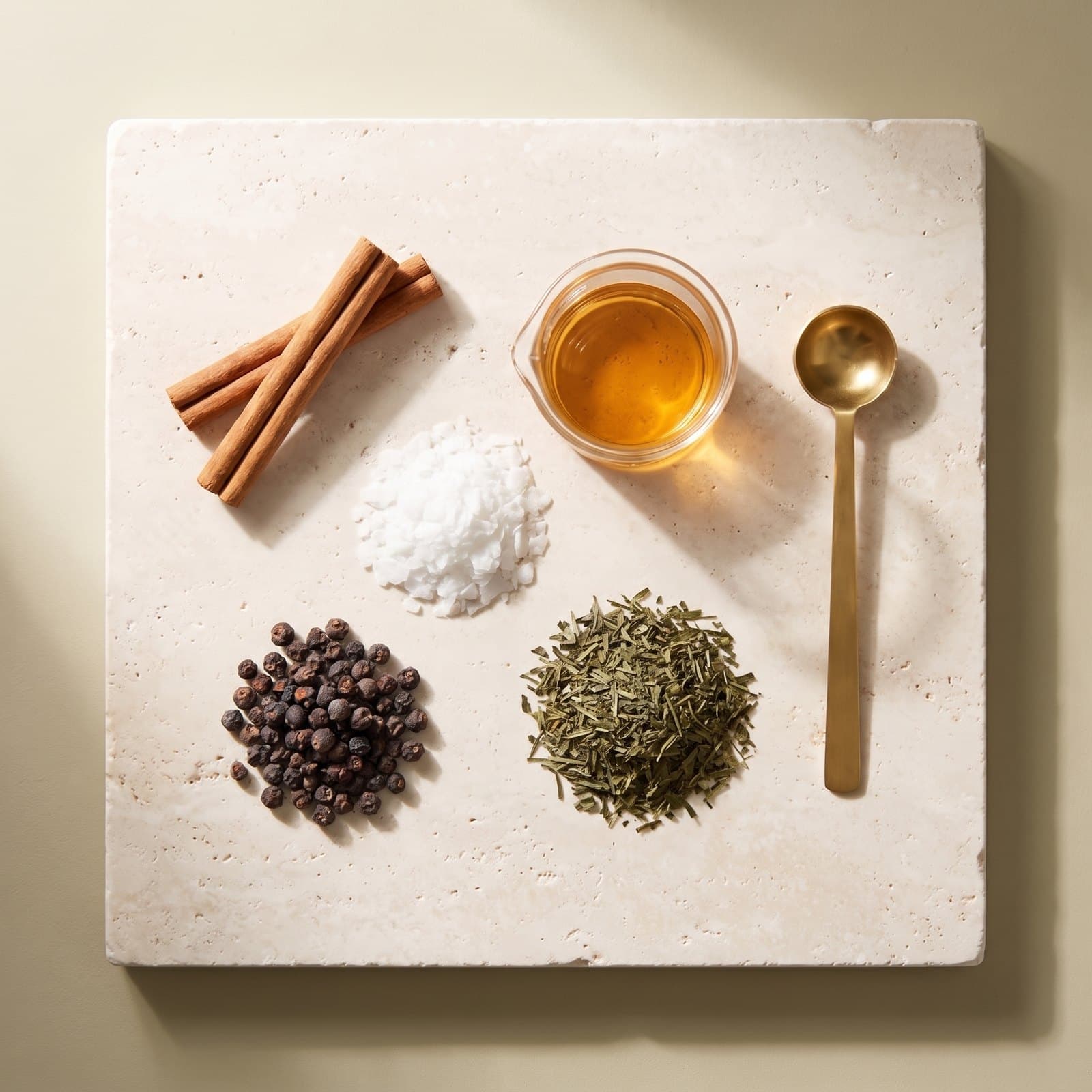 Cinnamon sticks, magnesium flakes, dried chasteberries and jiaogulan leaves on travertine