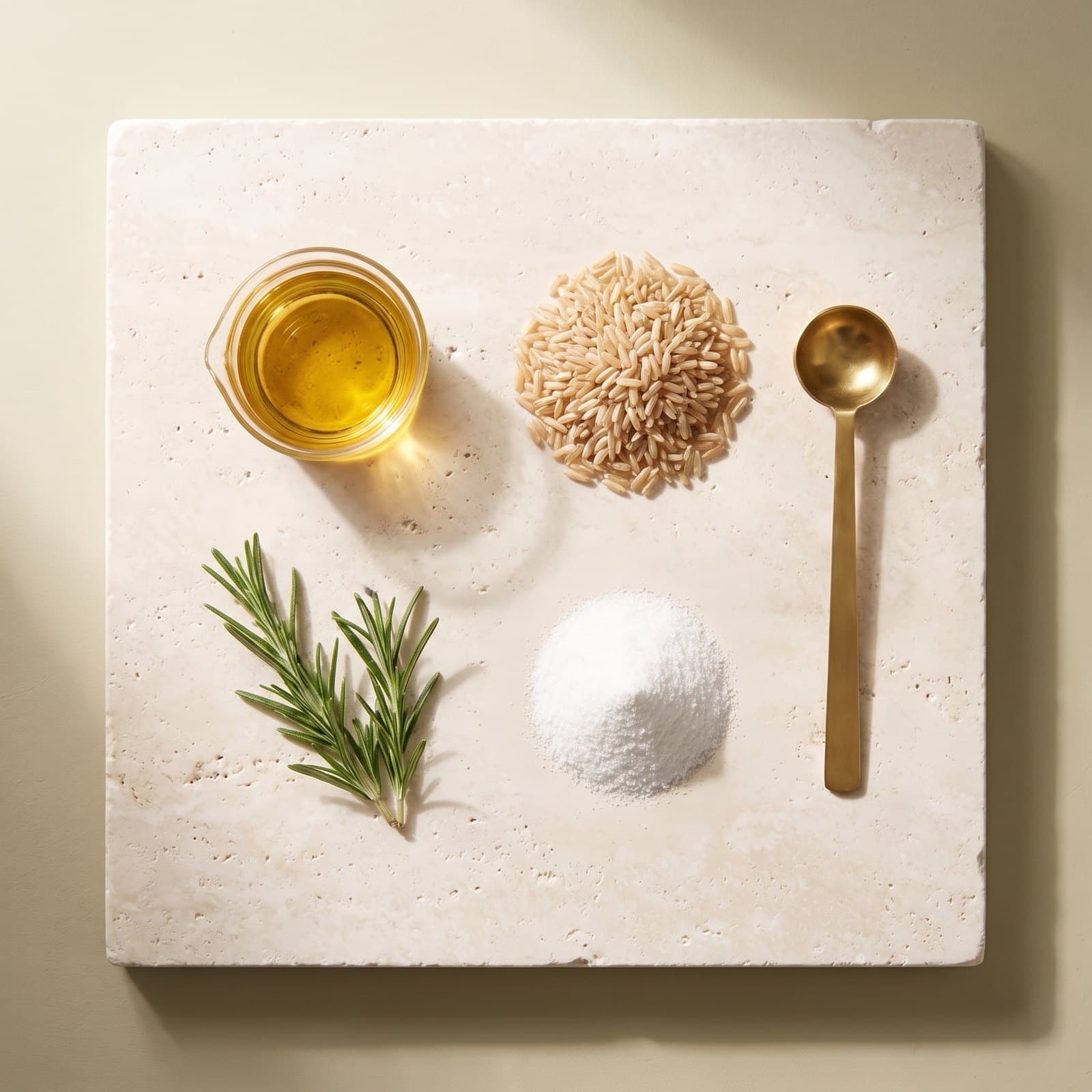 Rice bran oil, brown rice, rosemary and amino acid powder on travertine