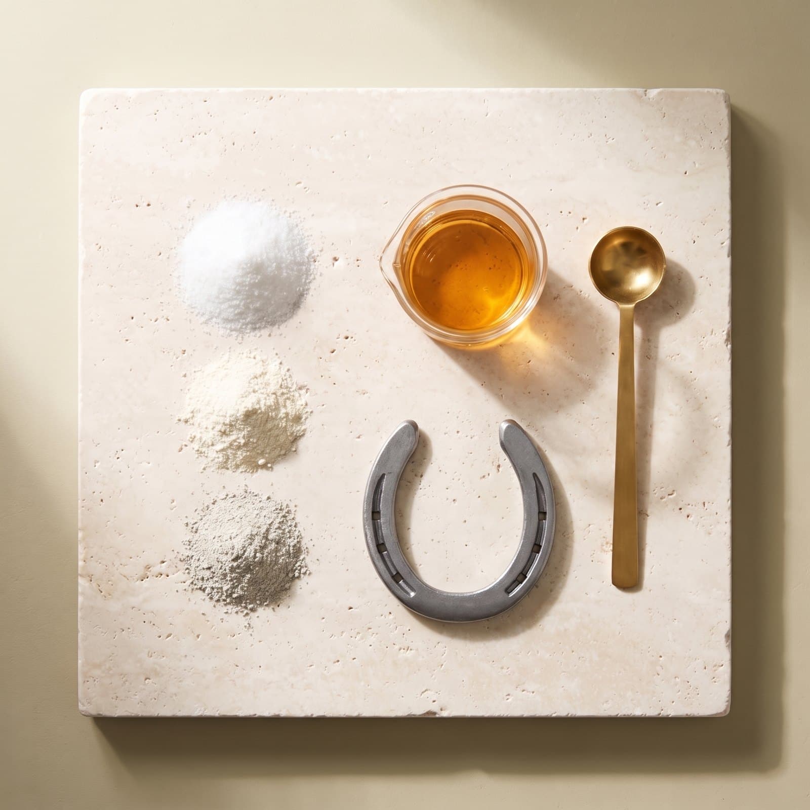 MSM crystals, fine powders, a bowl of amber liquid and a steel horseshoe on travertine