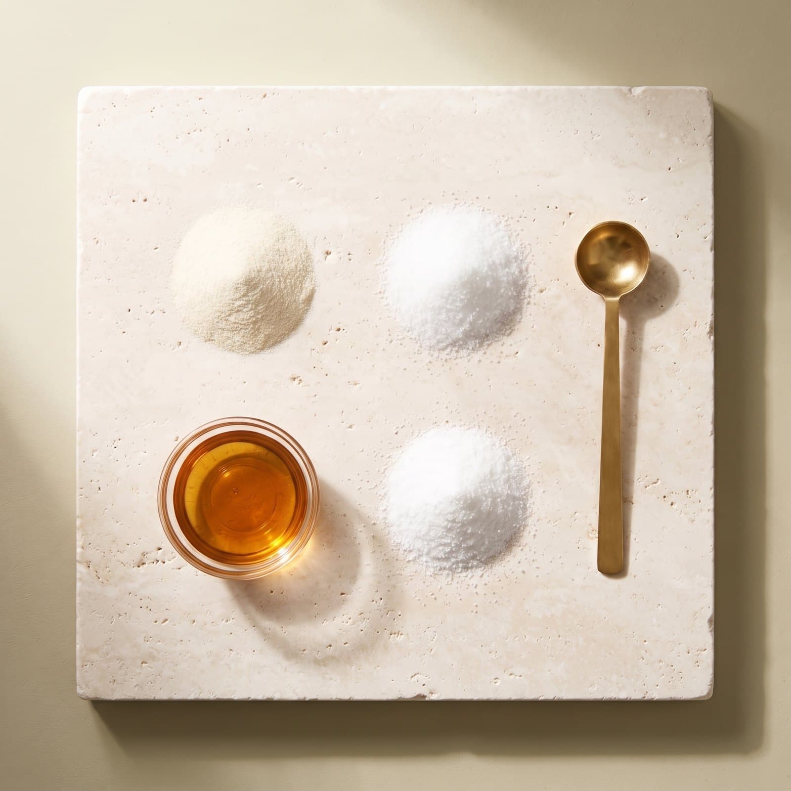 Collagen powder, MSM crystals and a bowl of amber liquid on travertine