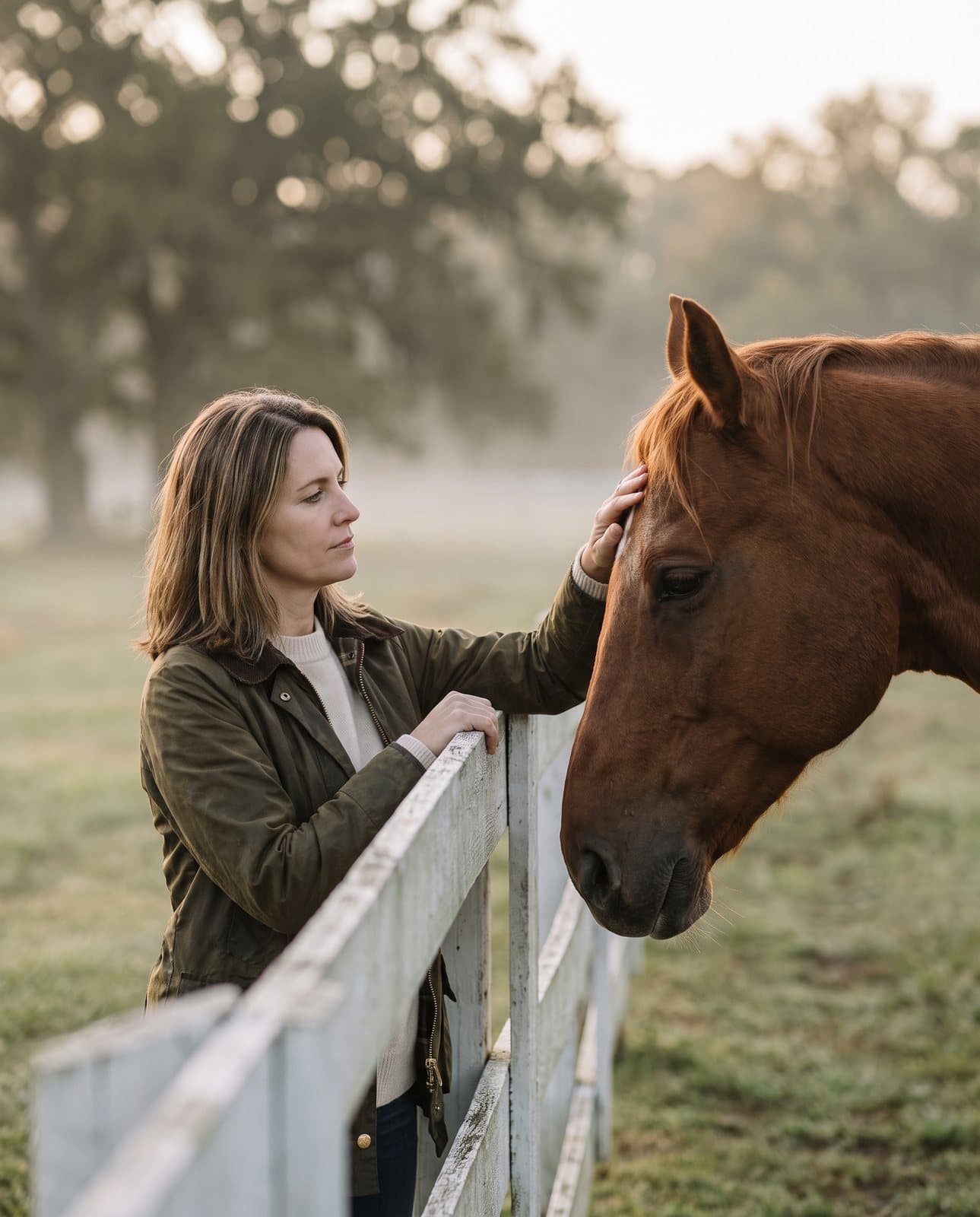 A woman at a paddock fence in the morning, her hand on her horse's forehead